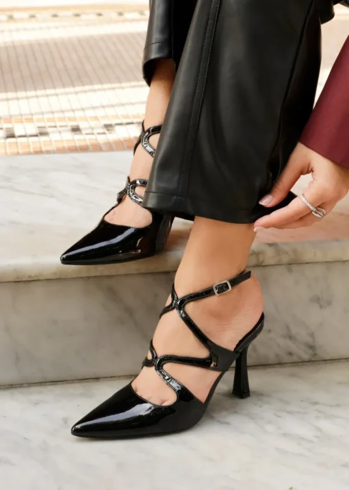 Linzi Sammi Black Faux Patent Caged Upper Court Heel