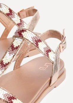 Linzi Sandie Pink Faux Leather T Bar Embellished Flat Sandals
