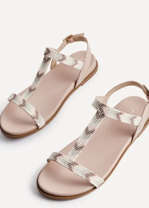 Linzi Sandie Taupe Faux Leather T Bar Embellished Flat Sandals