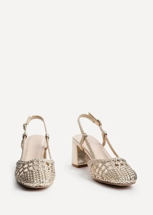 Linzi Sandria Gold Faux Leather Hand Woven Court Heels