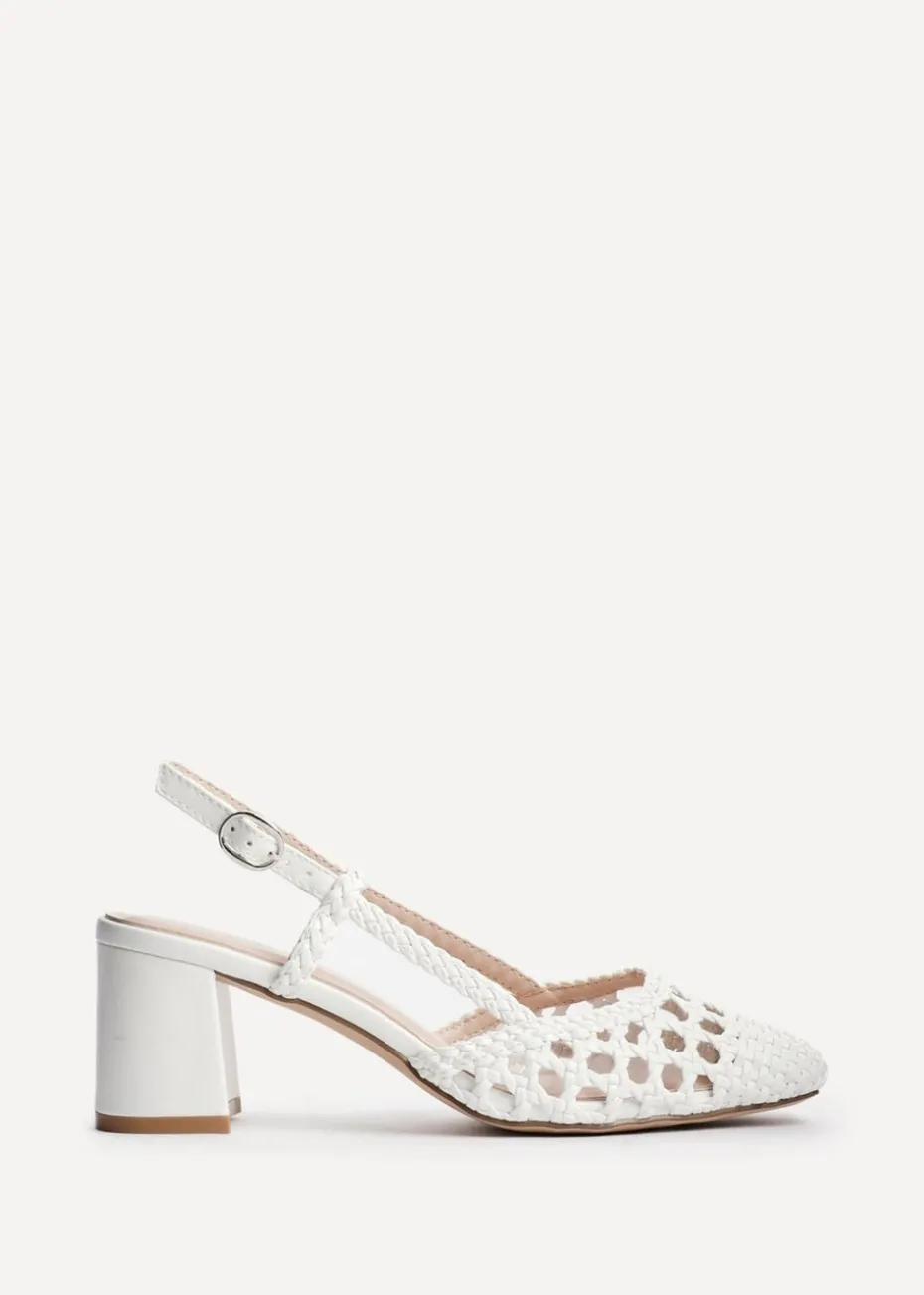 Linzi Sandria White Faux Leather Hand Woven Court Heels