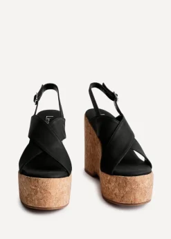 Linzi Santana Black Faux Leather Crossover High Platform Cork Wedge