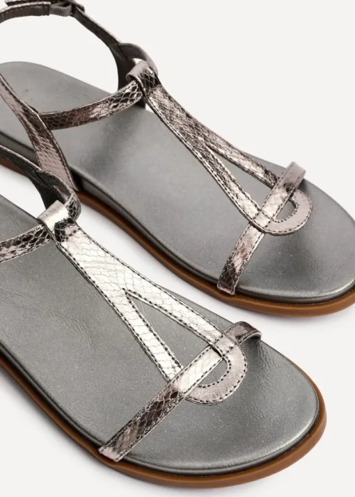 Linzi Saylor Pewter Faux Leather Textured T Bar Sandals