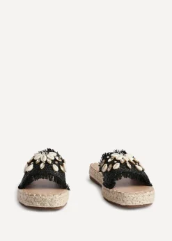 Linzi Seaside Black Raffia Shell Embellished Flat Slider