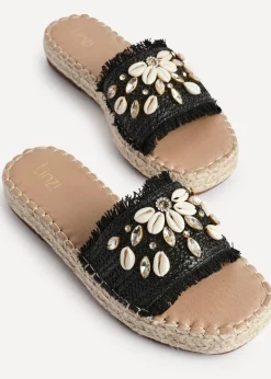 Linzi Seaside Black Raffia Shell Embellished Flat Slider