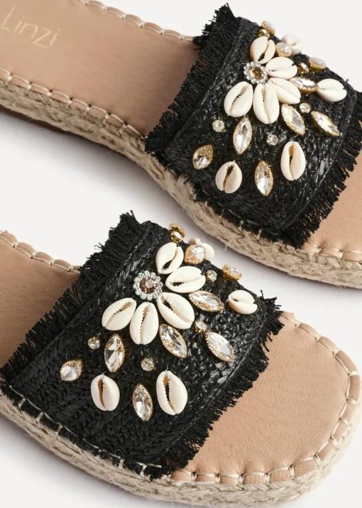 Linzi Seaside Black Raffia Shell Embellished Flat Slider
