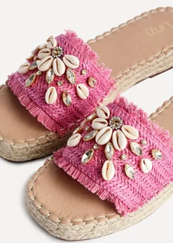 Linzi Seaside Pink Raffia Shell Embellished Flat Slider