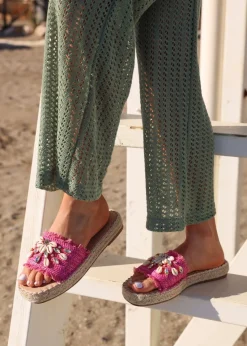 Linzi Seaside Pink Raffia Shell Embellished Flat Slider