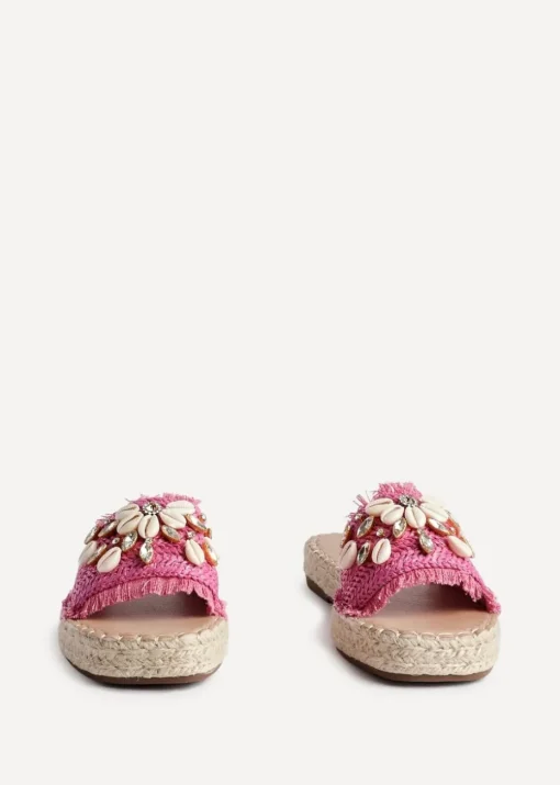 Linzi Seaside Pink Raffia Shell Embellished Flat Slider