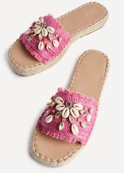 Linzi Seaside Pink Raffia Shell Embellished Flat Slider