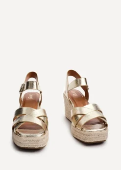 Linzi Sheena Gold Faux Leather Crossover Espadrille Platform Wedge