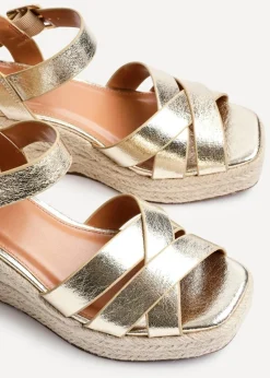 Linzi Sheena Gold Faux Leather Crossover Espadrille Platform Wedge
