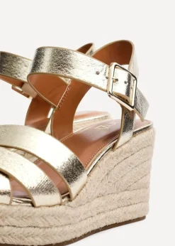 Linzi Sheena Gold Faux Leather Crossover Espadrille Platform Wedge