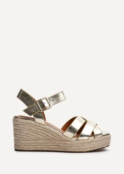 Linzi Sheena Gold Faux Leather Crossover Espadrille Platform Wedge