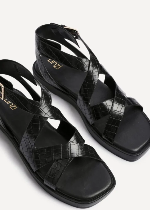 Linzi Soho Black Faux Croc Patent Leather Strappy Sandals