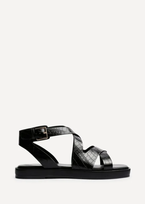 Linzi Soho Black Faux Croc Patent Leather Strappy Sandals