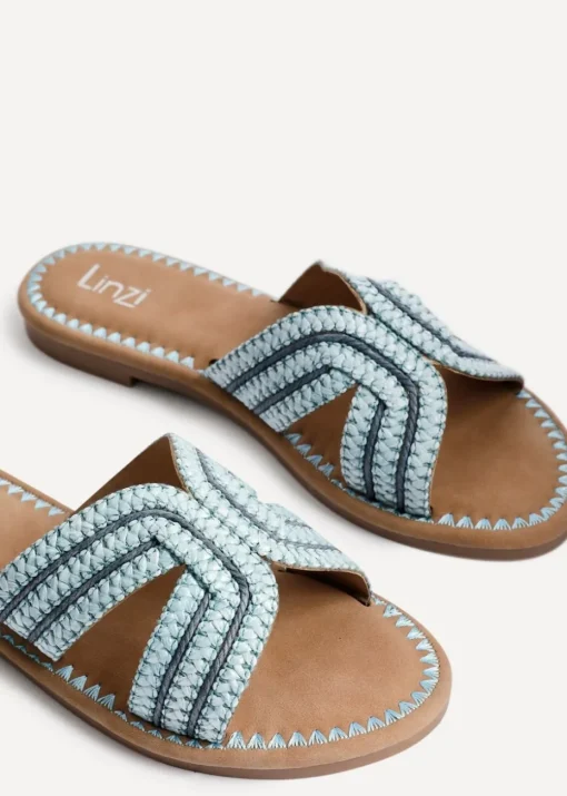 Linzi Solar Blue Raffia Link Design Flat Slider Sandal