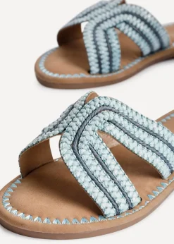 Linzi Solar Blue Raffia Link Design Flat Slider Sandal