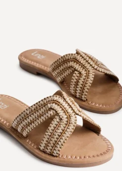 Linzi Solar Sand Raffia Link Design Flat Slider Sandal