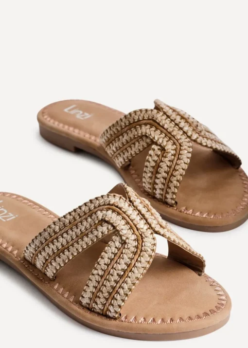Linzi Solar Sand Raffia Link Design Flat Slider Sandal