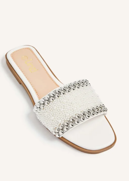 Linzi Stassie White Pearl Embellished Flat Sandals
