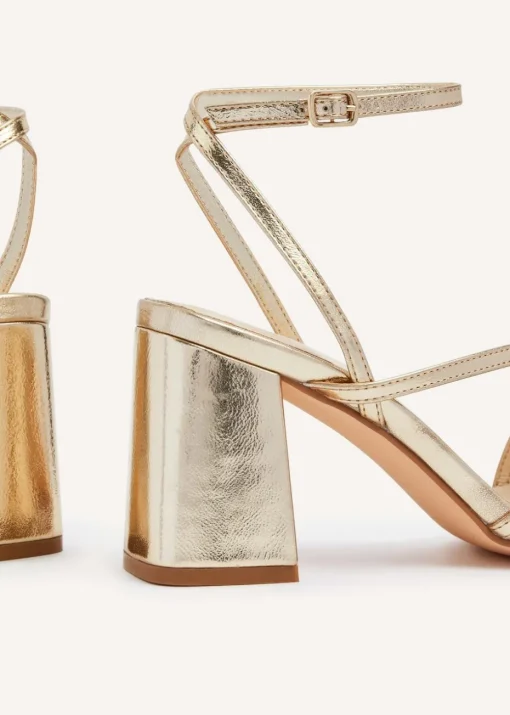 Linzi Status Gold Faux Leather Crossover Block Heeled Sandal