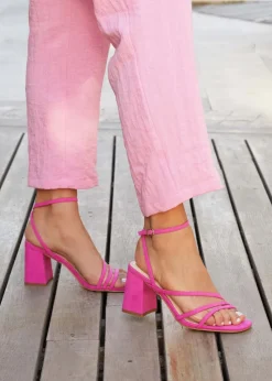 Linzi Status Pink Faux Suede Crossover Block Heeled Sandal