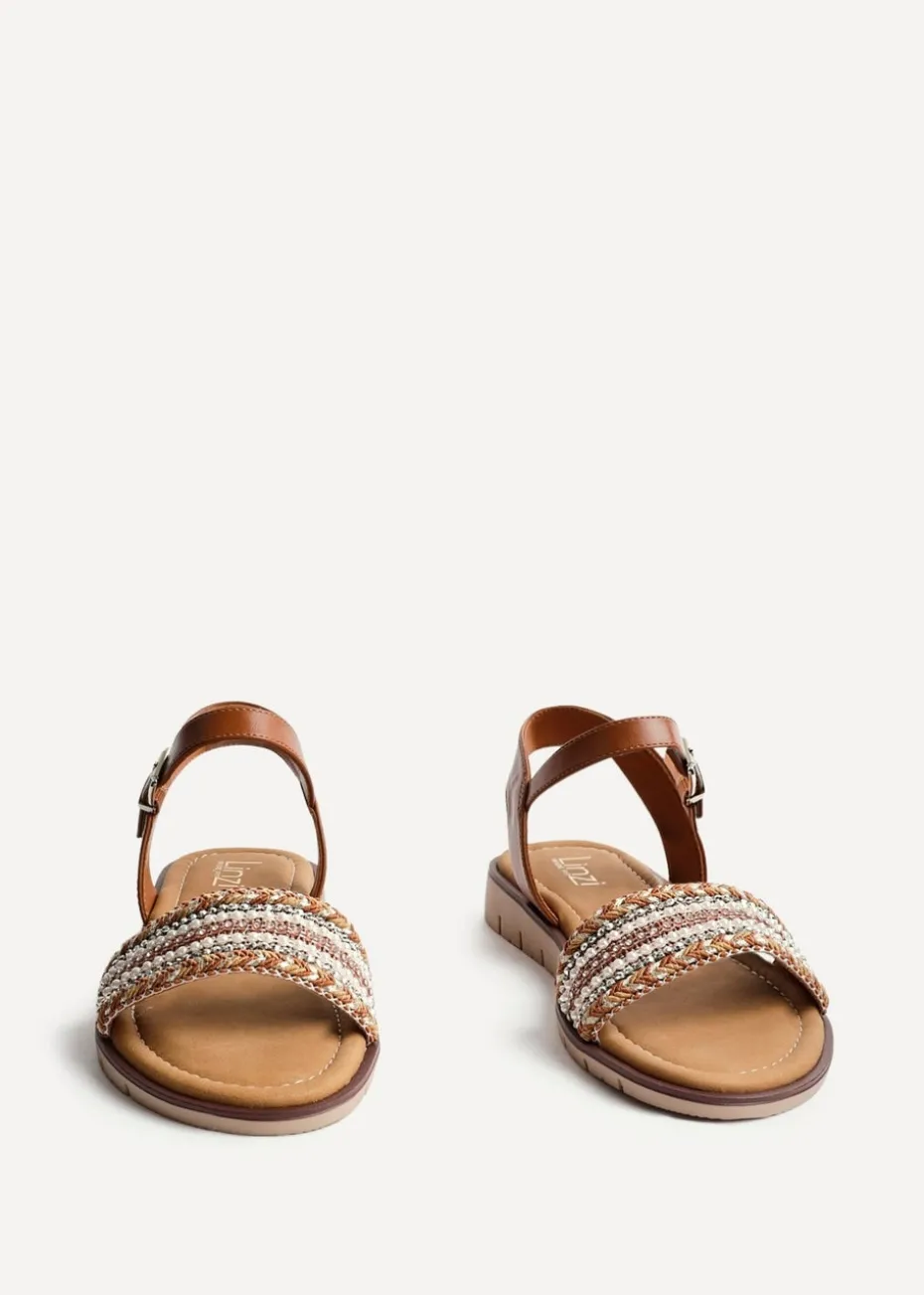 Linzi Topaz Wide Fit Tan Raffia Embellished Flat Sandals