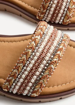 Linzi Topaz Wide Fit Tan Raffia Embellished Flat Sandals