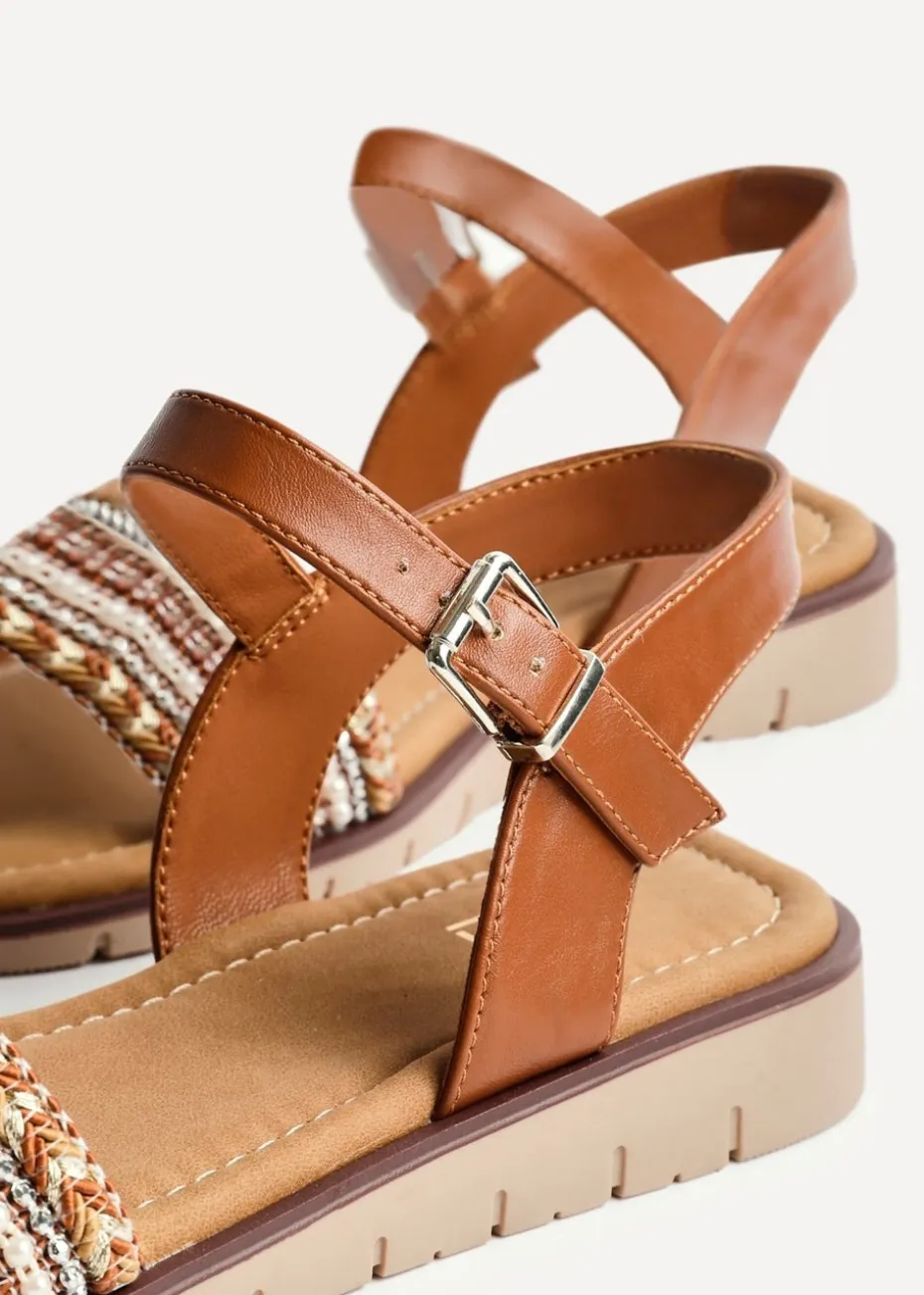 Linzi Topaz Wide Fit Tan Raffia Embellished Flat Sandals