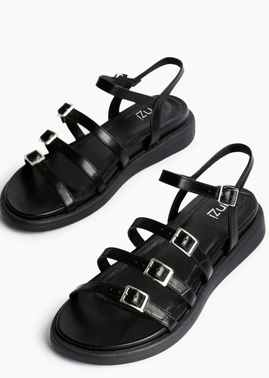Linzi Twilight Black Faux Leather Triple Buckle Footbed Sandals