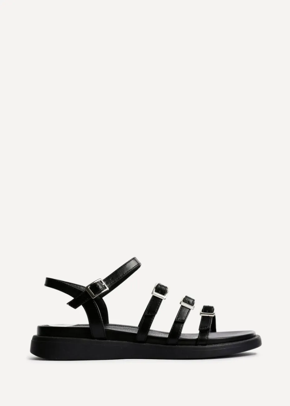Linzi Twilight Black Faux Leather Triple Buckle Footbed Sandals