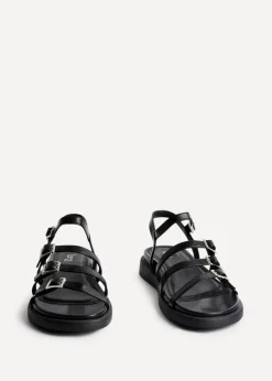 Linzi Twilight Black Faux Leather Triple Buckle Footbed Sandals