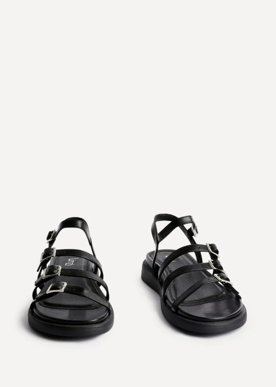 Linzi Twilight Black Faux Leather Triple Buckle Footbed Sandals