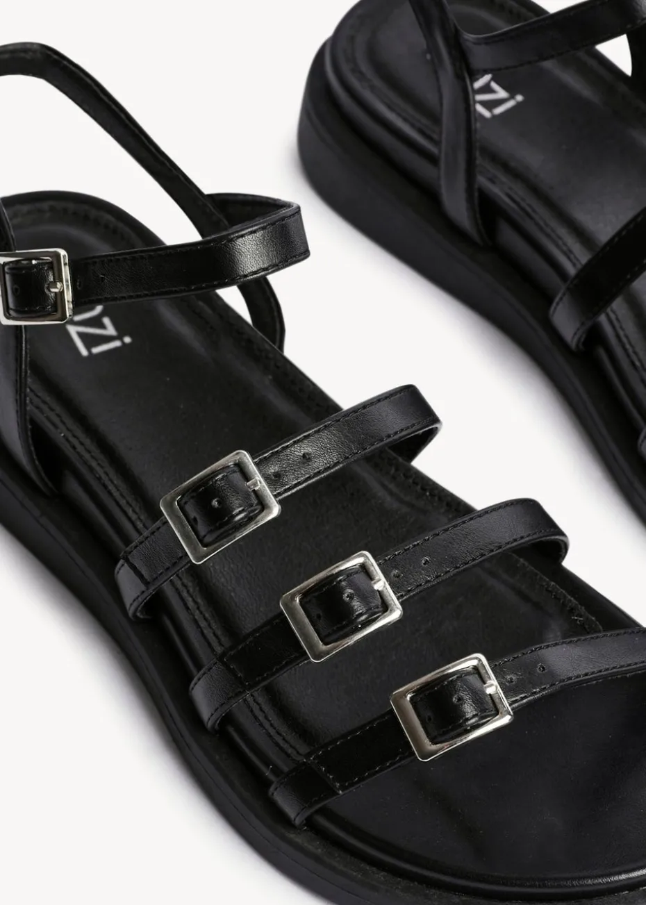 Linzi Twilight Black Faux Leather Triple Buckle Footbed Sandals