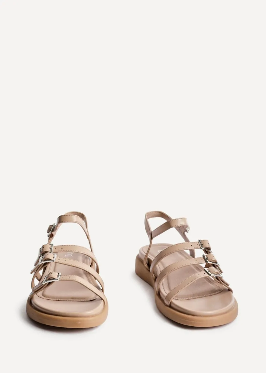 Linzi Twilight Sand Faux Leather Triple Buckle Footbed Sandals