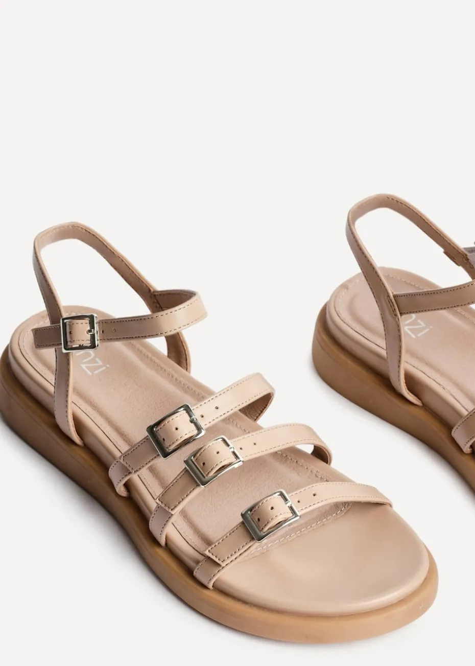 Linzi Twilight Sand Faux Leather Triple Buckle Footbed Sandals