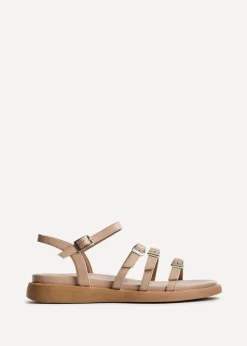 Linzi Twilight Sand Faux Leather Triple Buckle Footbed Sandals