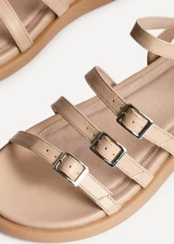 Linzi Twilight Sand Faux Leather Triple Buckle Footbed Sandals