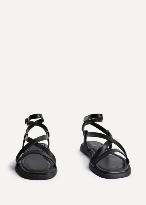 Linzi Valor Black Faux Leather Strappy Flat Sandals