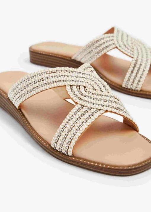Linzi Vella Neutral Embellished Knitted Slip On Low Wedge Slider