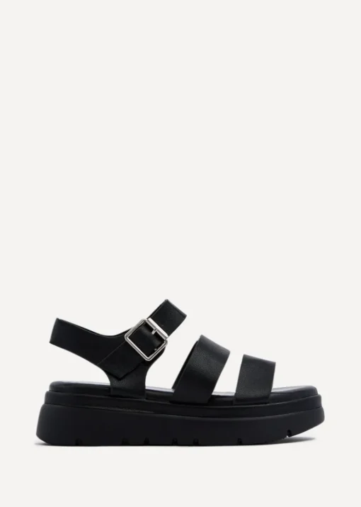 Linzi Venus Black Faux Leather Double Strap Flatform Sandal
