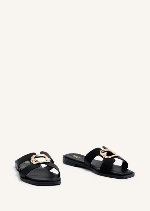 Linzi Vida Black Faux Leather Flat Sandal
