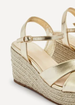 Linzi Vision Gold Faux Leather Crossover Rope Detail Wedge