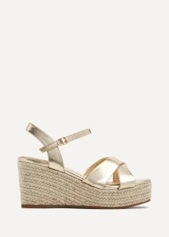 Linzi Vision Gold Faux Leather Crossover Rope Detail Wedge