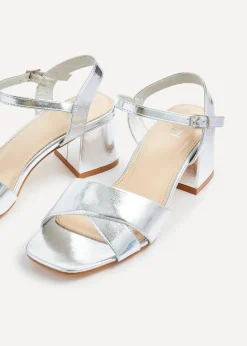Linzi Vivian Wide Fit Silver Faux Leather Block Heeled Sandals