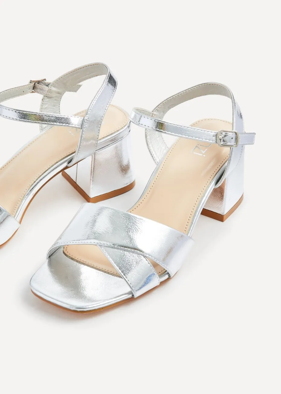 Linzi Vivian Wide Fit Silver Faux Leather Block Heeled Sandals