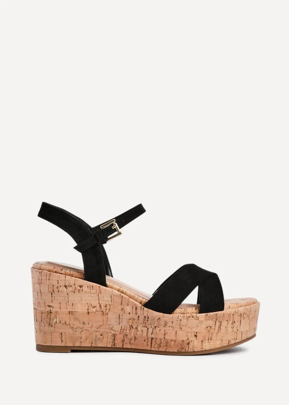 Linzi Vivid Black Faux Suede Crossover Cork Wedge