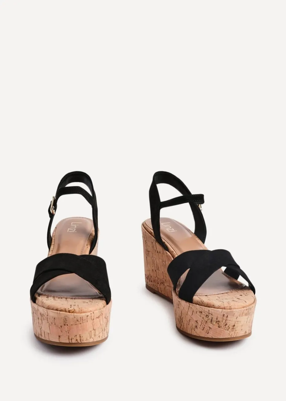 Linzi Vivid Black Faux Suede Crossover Cork Wedge