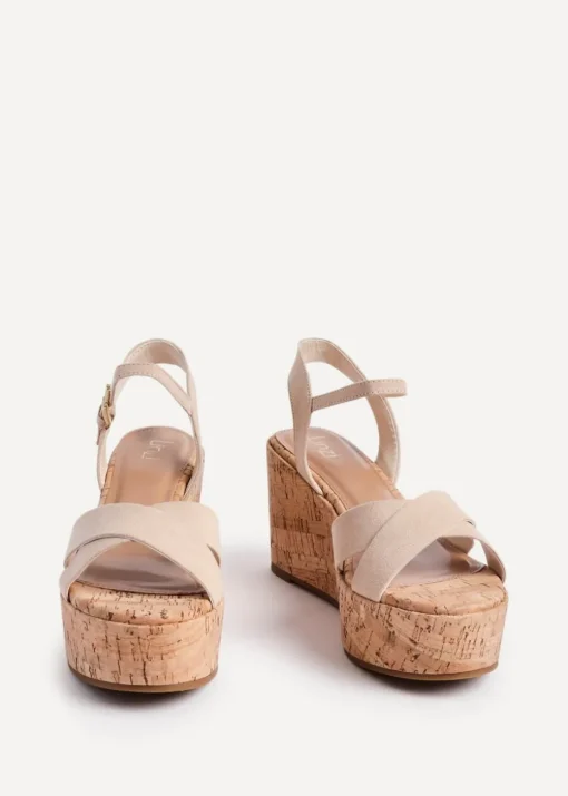 Linzi Vivid Sand Faux Suede Crossover Cork Wedge